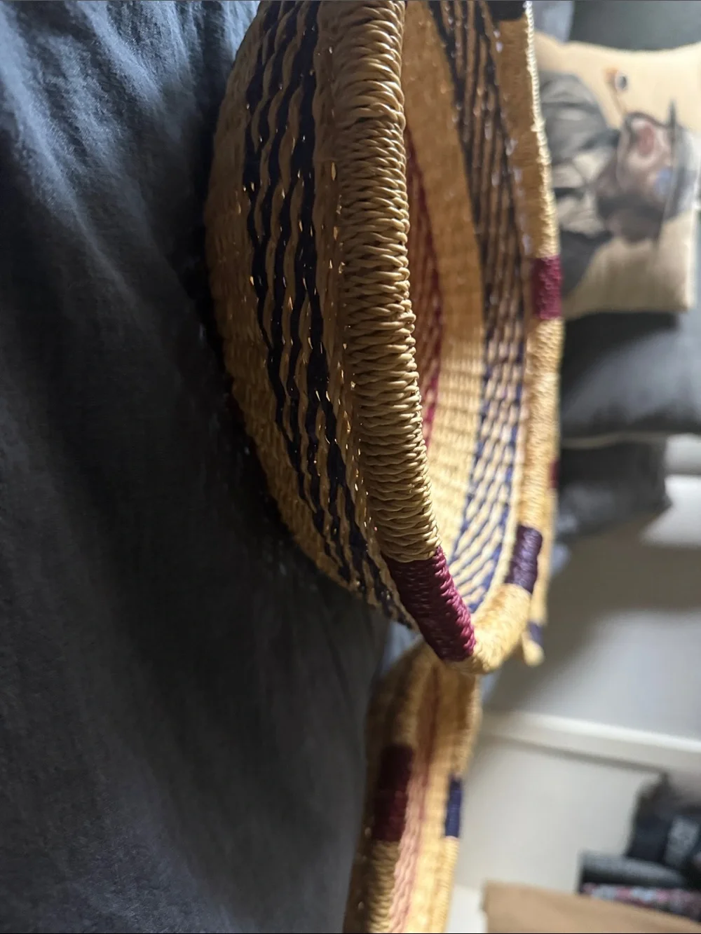 Set of 3- Handwoven Natural Straw Baskets Set with Red/Navy Accents